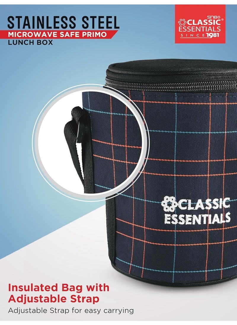 CLASSIC ESSENTIALS Lunch Box, Microwave Safe & Leak Proof, 3 Inside Steel Containers with BPA Free Lids (250ml, 400ml & 600ml), Insulated Fabric Bag (Blue)
