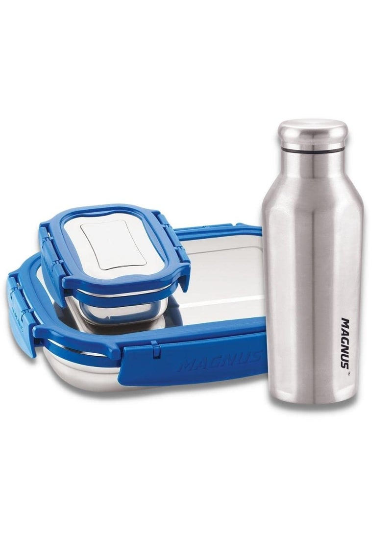 Magnus Bolt Deluxe Lunch Box with Bottle | Leakproof Stainless Steel Tiffin Box for School (950 ml) | Sporty Single Wall Bottle (550 ml) | Lunch Box for Kids | Lunch Boxes for Office Men