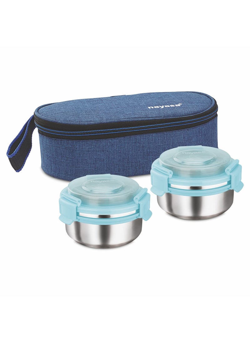Nayasa Aqua Crunch 2 Lunch Box with 2 Inner Steel Container 300 ml Each | Airtight Lid with 3-Side Lock | Leakproof & Durable | Ideal for School, College, Office | Compact & Stylish | Blue