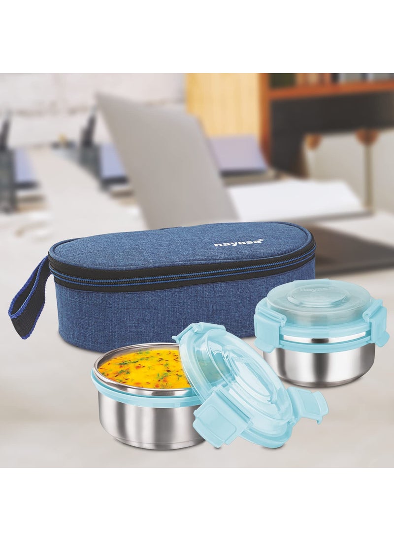Nayasa Aqua Crunch 2 Lunch Box with 2 Inner Steel Container 300 ml Each | Airtight Lid with 3-Side Lock | Leakproof & Durable | Ideal for School, College, Office | Compact & Stylish | Blue
