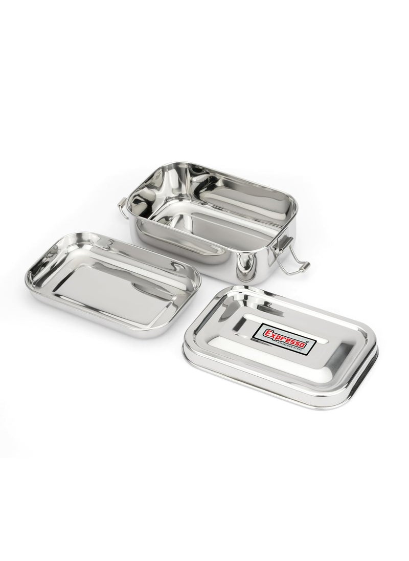 Expresso Steel Tiffin Box for Office | Stainless Steel Lunch Box 350 ML with Inner Plate | Traditional Design Glossy Finish Steel Box in Silver(Samurai)