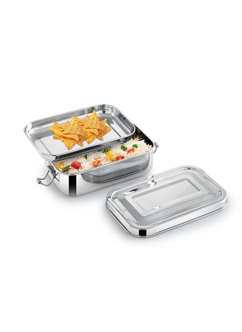 Expresso Steel Tiffin Box for Office | Stainless Steel Lunch Box 350 ML with Inner Plate | Traditional Design Glossy Finish Steel Box in Silver(Samurai)