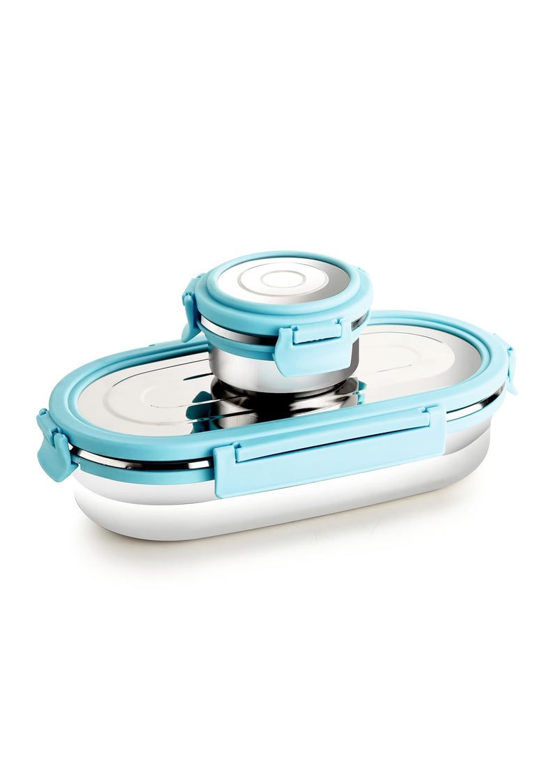 GANESH Oval Stainless Steel Airtight Leak-Proof Lunch Box for Office, School, Picnic - 750 Ml-Blue