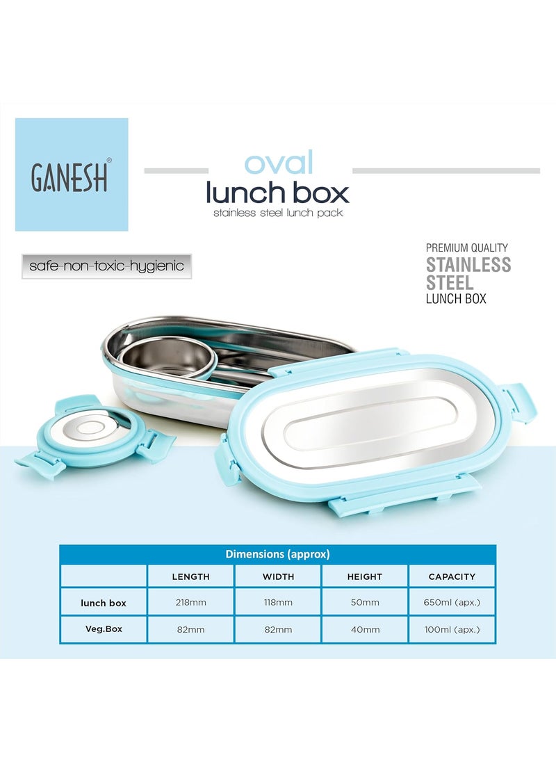 GANESH Oval Stainless Steel Airtight Leak-Proof Lunch Box for Office, School, Picnic - 750 Ml-Blue