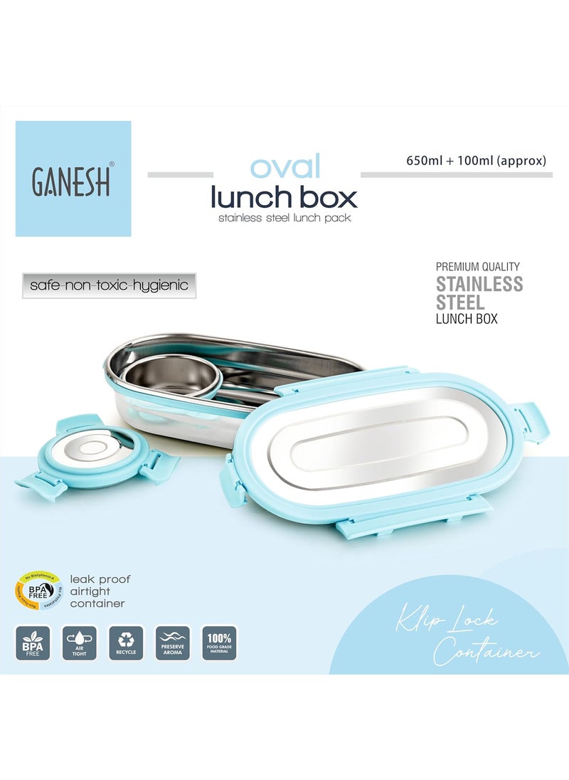 GANESH Oval Stainless Steel Airtight Leak-Proof Lunch Box for Office, School, Picnic - 750 Ml-Blue