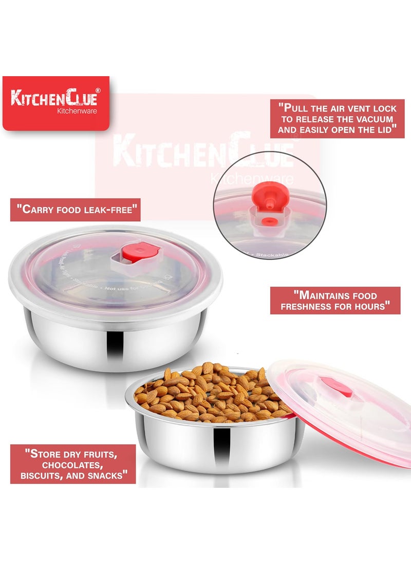 KITCHEN CLUE Stainless Steel Containers For Kitchen (1000ml, 18cm Dia, Weight-245gm) Vacuum Air-tight Storage Box, Steel Fridge Storage Container, Lunch Box Container For Office School
