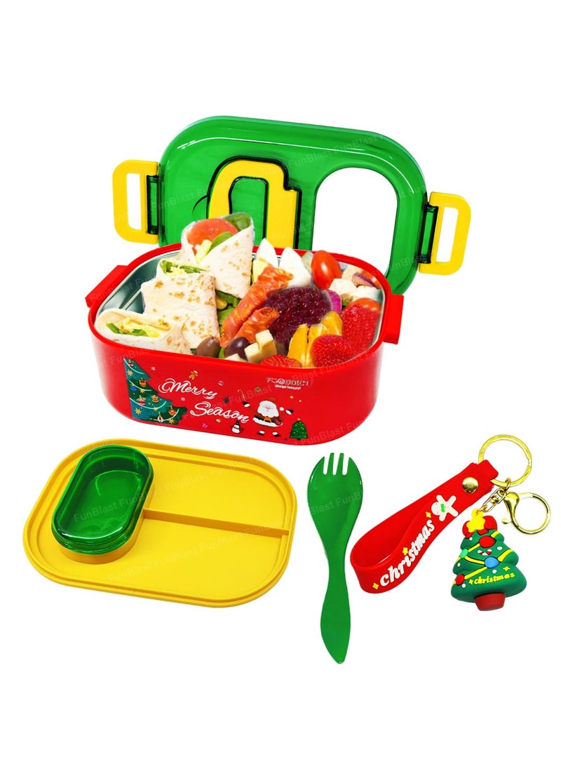 FunBlast Christmas Theme Lunch Box with Spoon and Christmas Tree Key Ring, SS304 & PP Material, Non-Toxic, Air-Tight & Insulated, 700 ML, Red & Green, Unisex, Kids School & Office Lunch Box