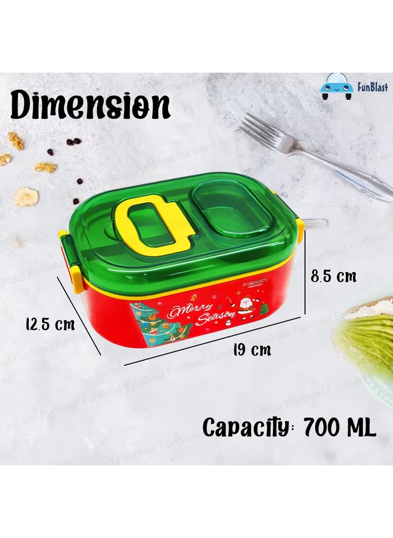 FunBlast Christmas Theme Lunch Box with Spoon and Christmas Tree Key Ring, SS304 & PP Material, Non-Toxic, Air-Tight & Insulated, 700 ML, Red & Green, Unisex, Kids School & Office Lunch Box