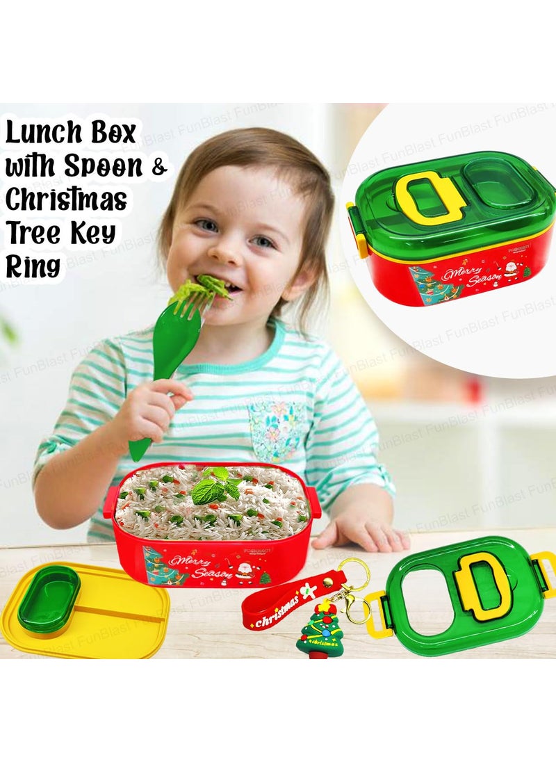 FunBlast Christmas Theme Lunch Box with Spoon and Christmas Tree Key Ring, SS304 & PP Material, Non-Toxic, Air-Tight & Insulated, 700 ML, Red & Green, Unisex, Kids School & Office Lunch Box