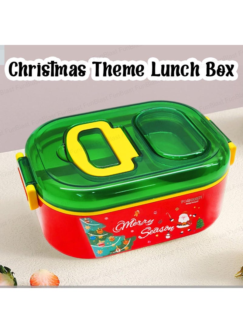 FunBlast Christmas Theme Lunch Box with Spoon and Christmas Tree Key Ring, SS304 & PP Material, Non-Toxic, Air-Tight & Insulated, 700 ML, Red & Green, Unisex, Kids School & Office Lunch Box