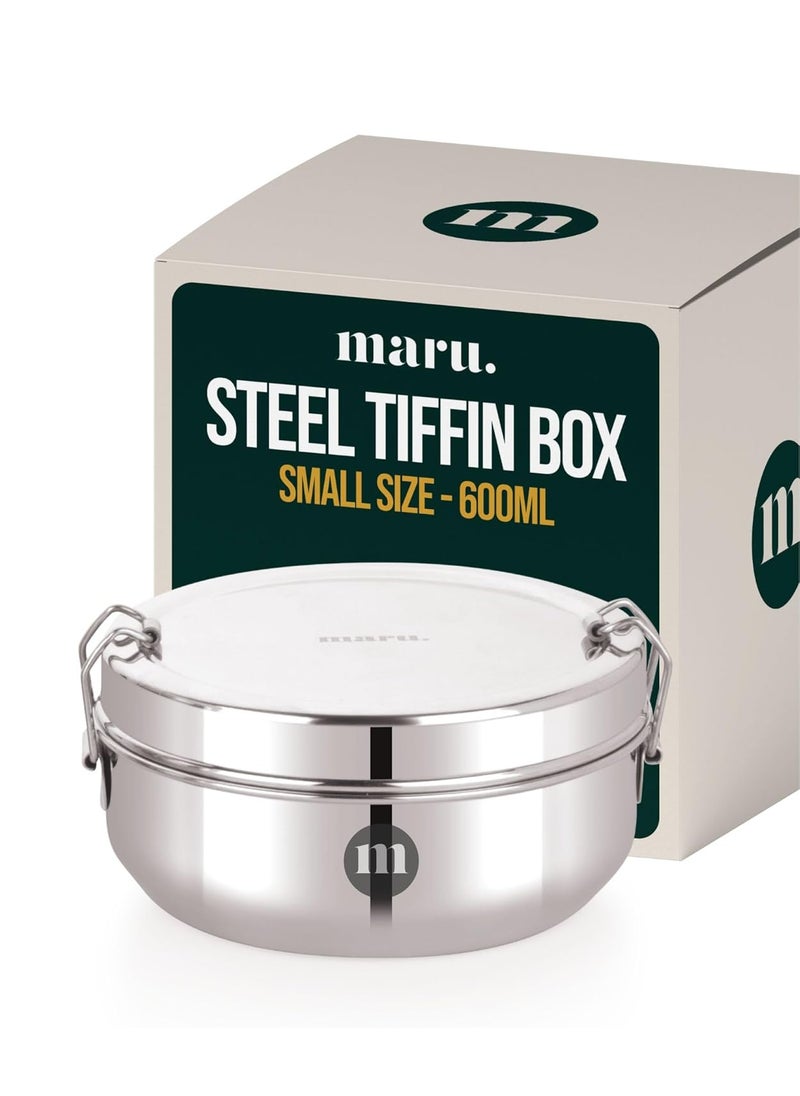 MARU Steel Tiffin Box for School/Office 600ml, Airtight Lunch Containers with Compartments & Small Partiton Plate, Easy to Carry & Clean, Perfect for Men, Women & Kids for Daily Use & Multipurpose