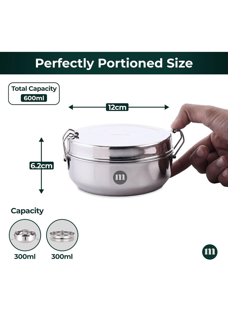 MARU Steel Tiffin Box for School/Office 600ml, Airtight Lunch Containers with Compartments & Small Partiton Plate, Easy to Carry & Clean, Perfect for Men, Women & Kids for Daily Use & Multipurpose