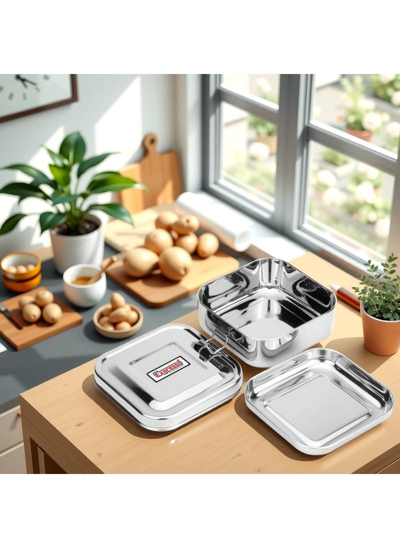 Expresso Steel Tiffin Box for Office | Stainless Steel Lunch Box, 300 ML with Inner Plate | Traditional Design Glossy Finish Steel Box in Silver
