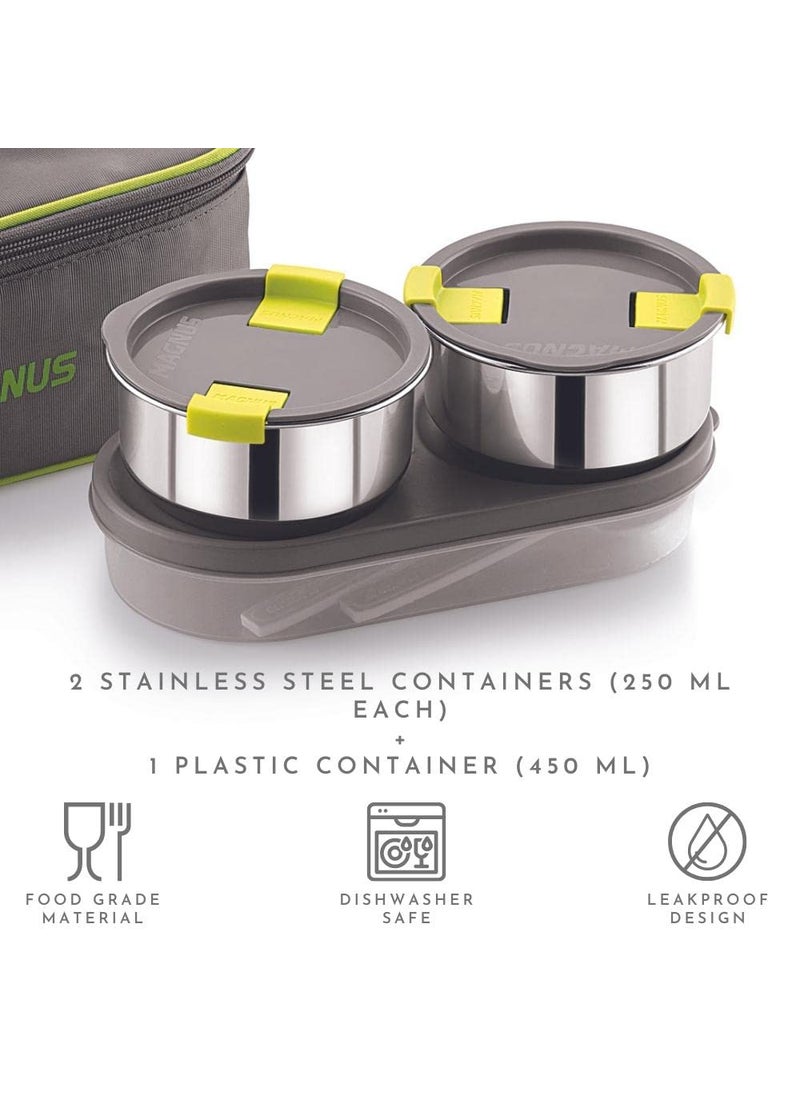 Magnus Olive 3 Airtight & Leakproof Stainless Steel Lunch Box with Bag (950 ml) + Sporty Single Walled Stainless Steel Bottle (550 ml) - Ideal Lunch Box for Kids and Lunch Boxes for Office Men
