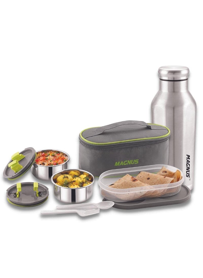 Magnus Olive 3 Airtight & Leakproof Stainless Steel Lunch Box with Bag (950 ml) + Sporty Single Walled Stainless Steel Bottle (550 ml) - Ideal Lunch Box for Kids and Lunch Boxes for Office Men