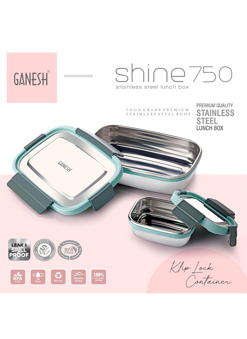 Ganesh Shine Stainless Steel Airtight Leak-Proof Lunch Box for Office, School, Picnic - 750ml -Color May Vary