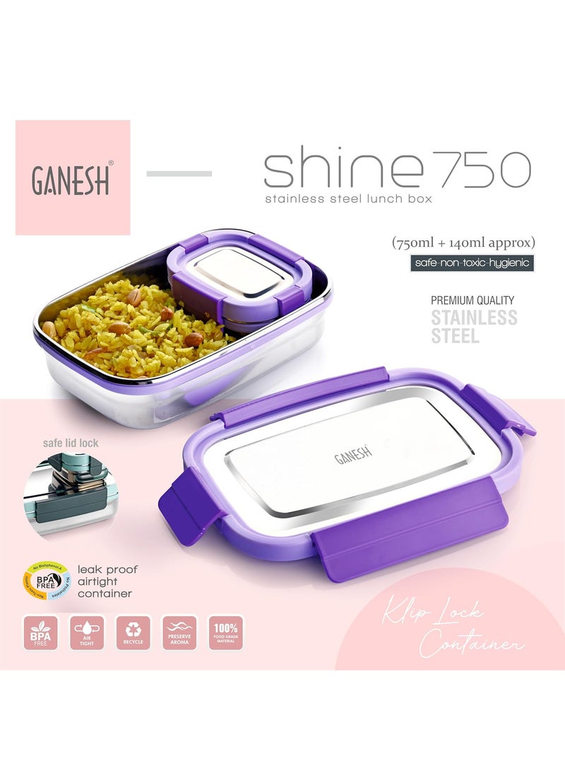 Ganesh Shine Stainless Steel Airtight Leak-Proof Lunch Box for Office, School, Picnic - 750ml -Color May Vary