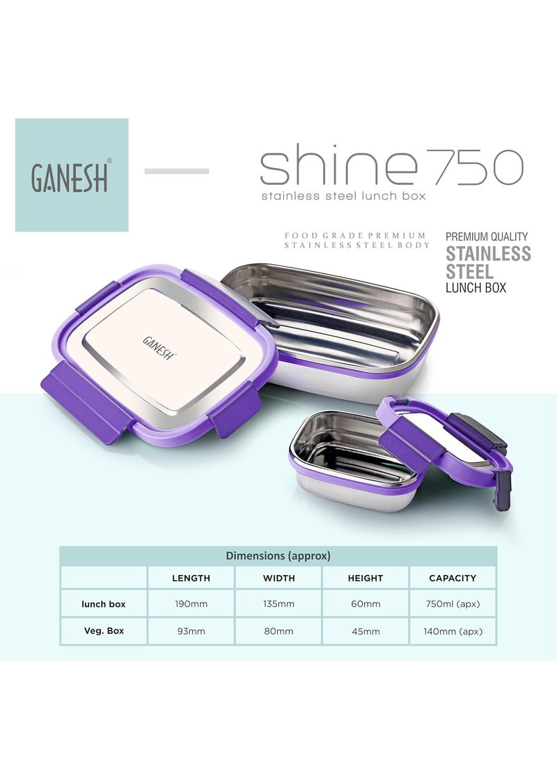 Ganesh Shine Stainless Steel Airtight Leak-Proof Lunch Box for Office, School, Picnic - 750ml -Color May Vary
