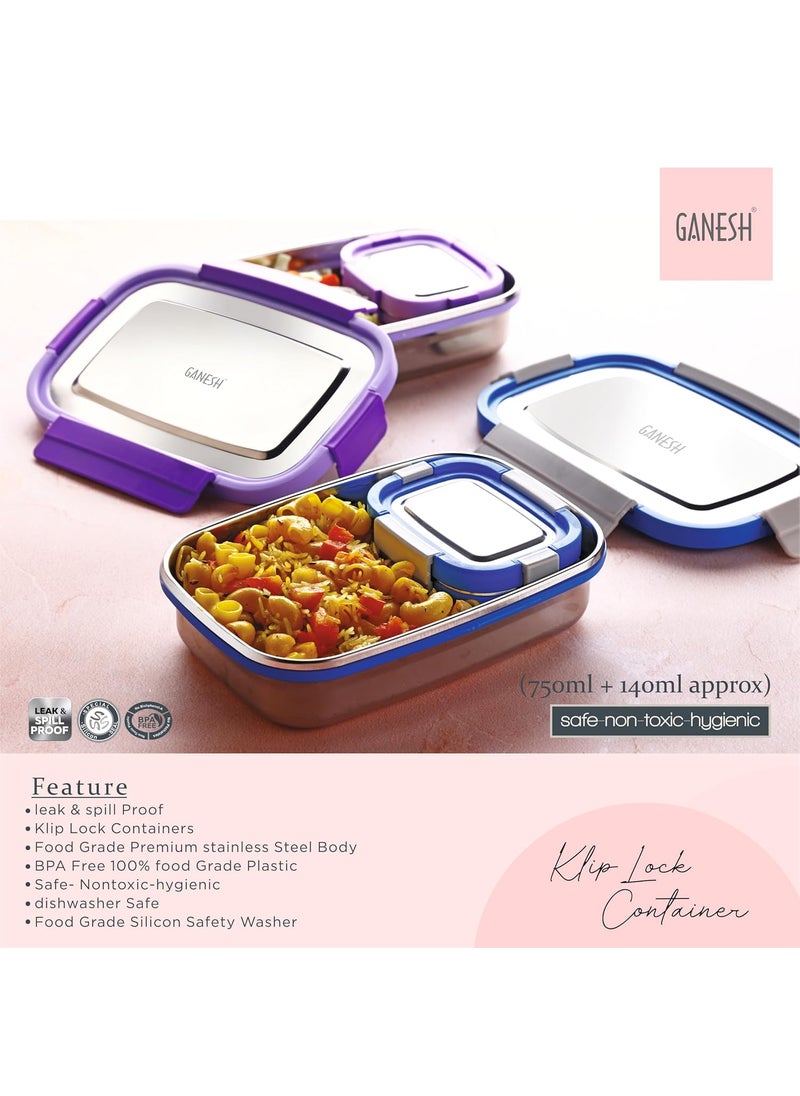 Ganesh Shine Stainless Steel Airtight Leak-Proof Lunch Box for Office, School, Picnic - 750ml -Color May Vary