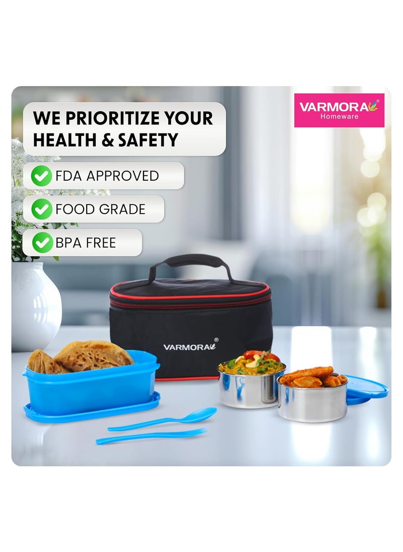 Varmora SS Duo Stainless Steel Lunch Box with 3 Airtight & Leak Proof Containers - Blue