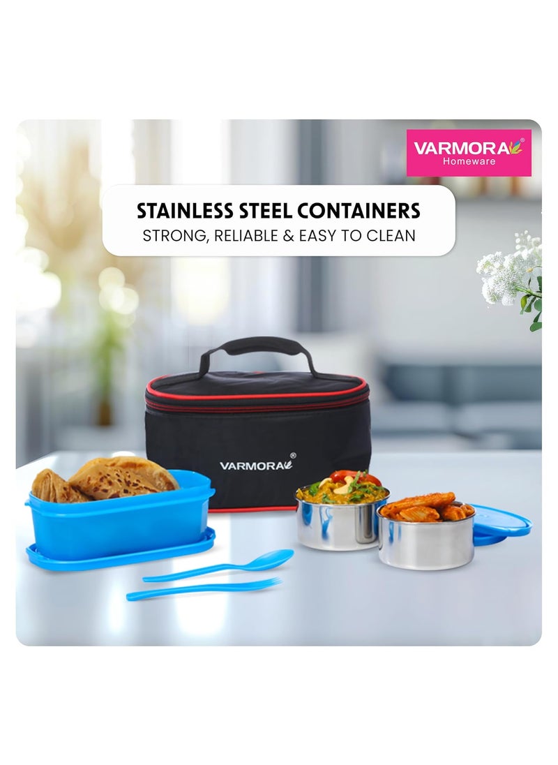Varmora SS Duo Stainless Steel Lunch Box with 3 Airtight & Leak Proof Containers - Blue
