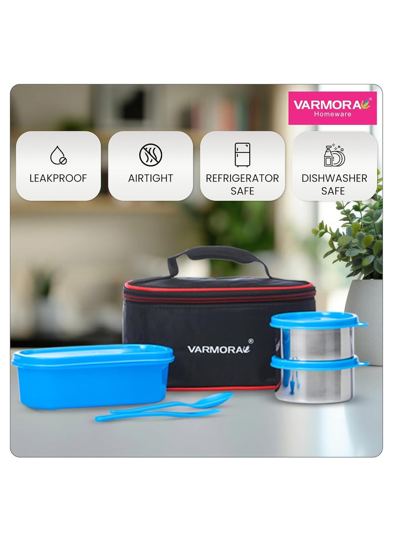 Varmora SS Duo Stainless Steel Lunch Box with 3 Airtight & Leak Proof Containers - Blue