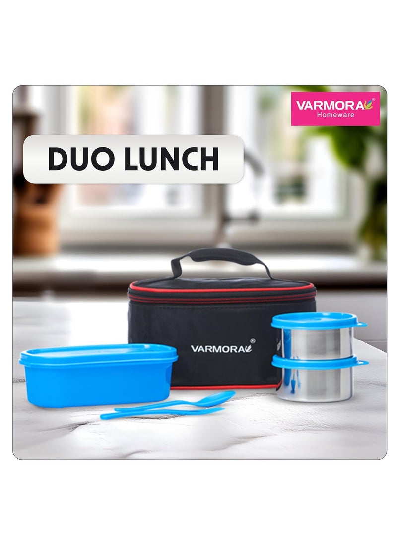 Varmora SS Duo Stainless Steel Lunch Box with 3 Airtight & Leak Proof Containers - Blue