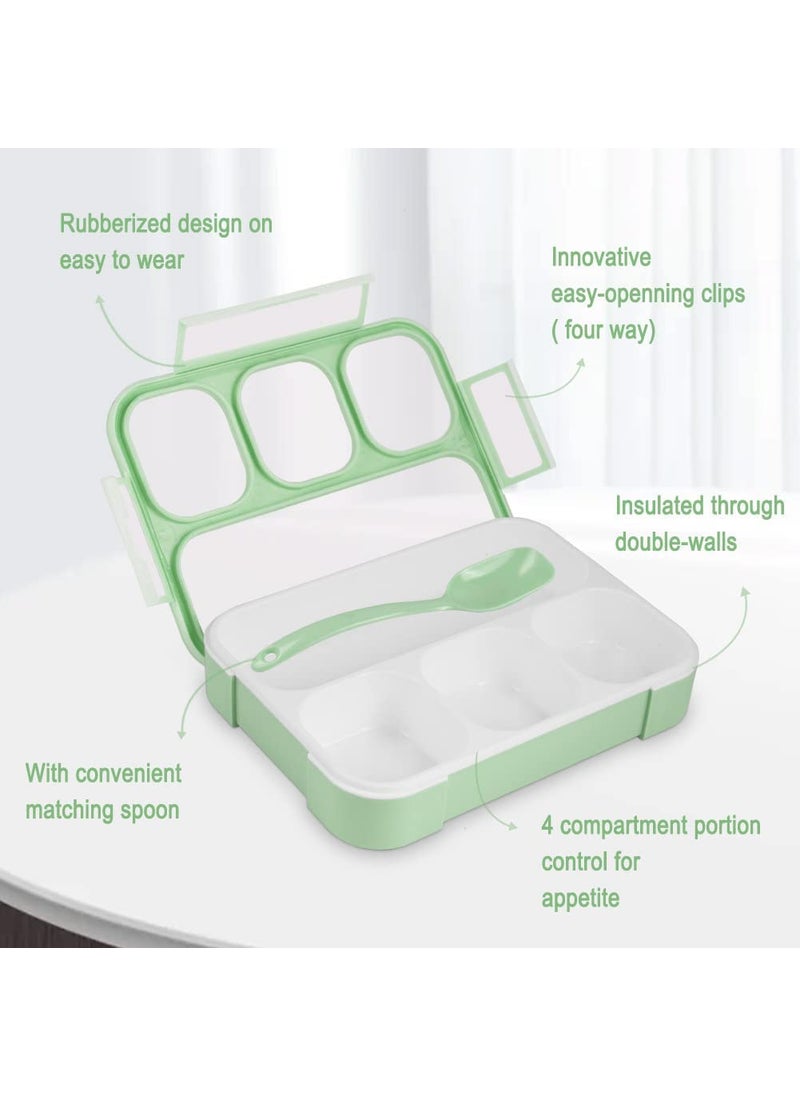 Natraprow Bento Lunch Box For Kids, 4 Compartment Kids Lunch Box Leak Proof, Cute Bento Snack Box For Adults And Kids With Utensils, Lunch Containers Bpa-Free, Microwave Bento Box (Green) - Silicone