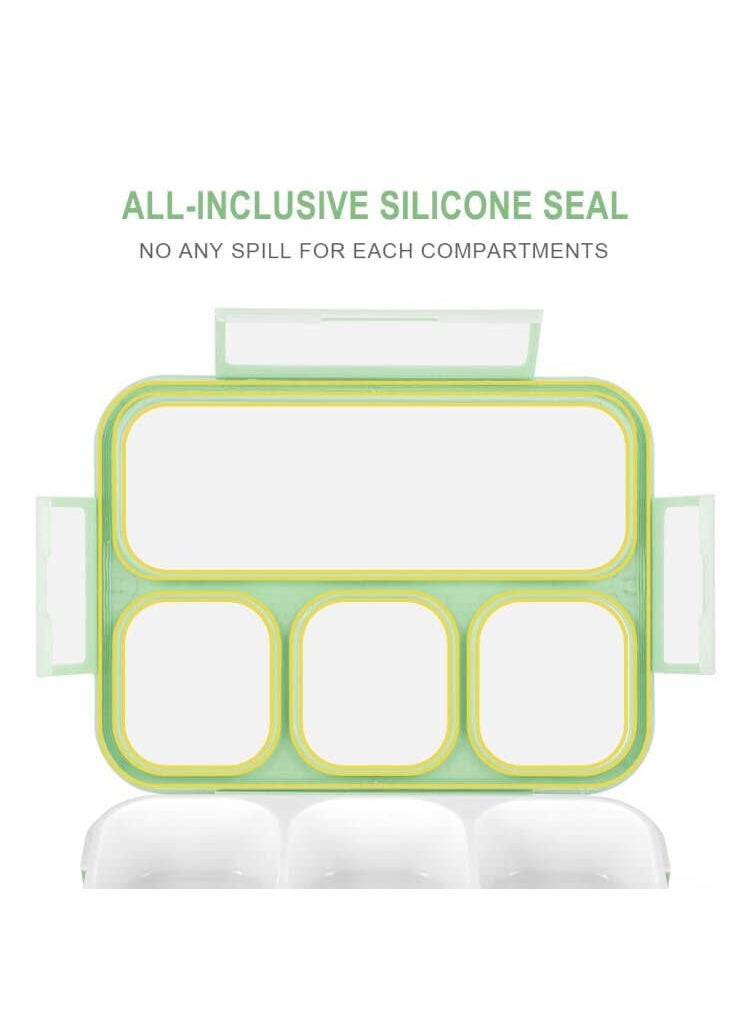 Natraprow Bento Lunch Box For Kids, 4 Compartment Kids Lunch Box Leak Proof, Cute Bento Snack Box For Adults And Kids With Utensils, Lunch Containers Bpa-Free, Microwave Bento Box (Green) - Silicone