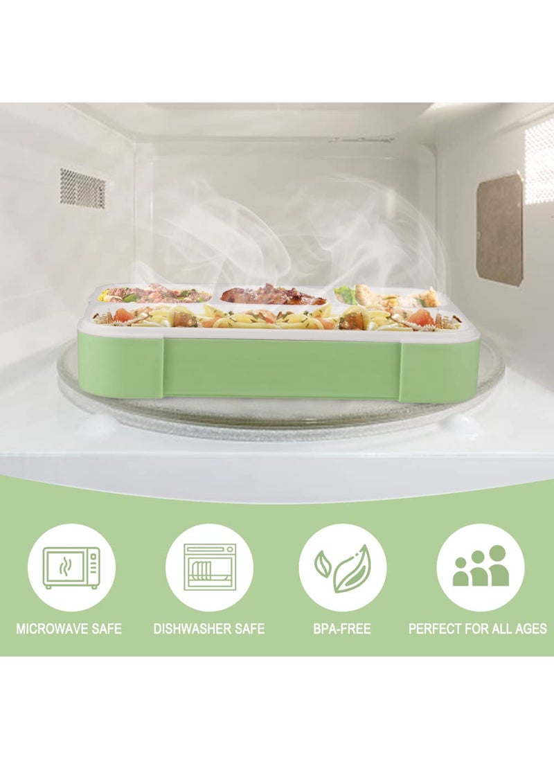 Natraprow Bento Lunch Box For Kids, 4 Compartment Kids Lunch Box Leak Proof, Cute Bento Snack Box For Adults And Kids With Utensils, Lunch Containers Bpa-Free, Microwave Bento Box (Green) - Silicone