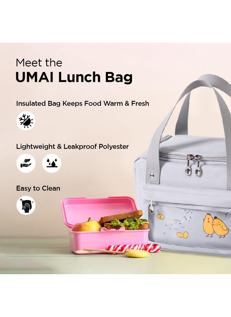 UMAI Insulated Lunch/Tiffin/Storage Bag for Kids, Women & Men | Ideal Tote Bag for Office/School/Outdoor Activities-Lightweight, Durable Handle, Front Pocket for Napkins, Cutlery (Grey)