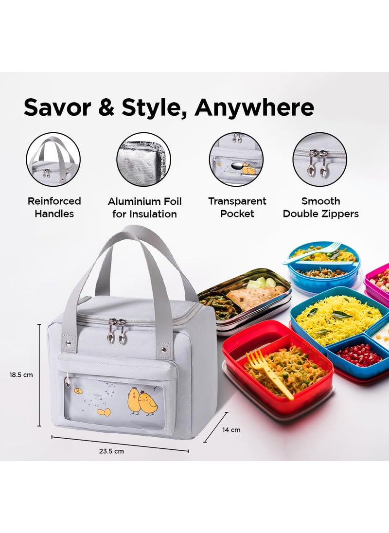 UMAI Insulated Lunch/Tiffin/Storage Bag for Kids, Women & Men | Ideal Tote Bag for Office/School/Outdoor Activities-Lightweight, Durable Handle, Front Pocket for Napkins, Cutlery (Grey)
