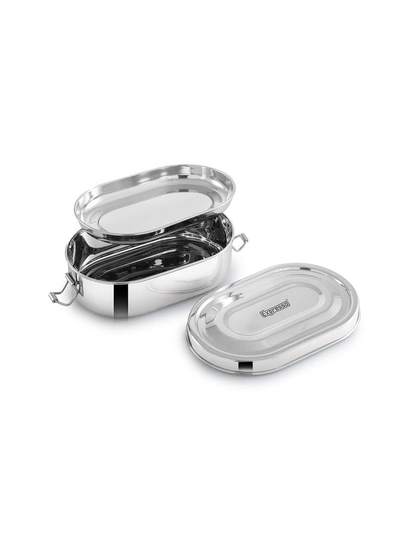 Expresso Steel Tiffin Box for Office | Stainless Steel Lunch Box, 600 ML with Inner Plate | Traditional Design Glossy Finish Steel Box in Silver