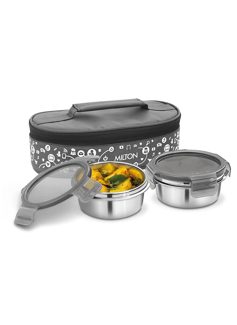 MILTON Lifestyle Lunch Box with Insulated Jacket, 2 Stainless Steel Containers with Clip Lock Lid (300 ml Each), Leak-Proof Tiffin for Office, School, College, Grey