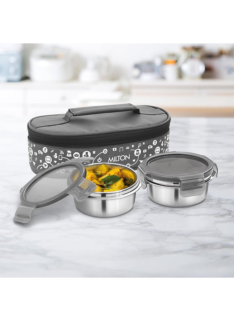 MILTON Lifestyle Lunch Box with Insulated Jacket, 2 Stainless Steel Containers with Clip Lock Lid (300 ml Each), Leak-Proof Tiffin for Office, School, College, Grey