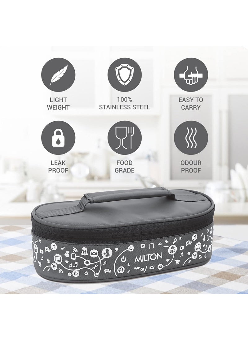 MILTON Lifestyle Lunch Box with Insulated Jacket, 2 Stainless Steel Containers with Clip Lock Lid (300 ml Each), Leak-Proof Tiffin for Office, School, College, Grey