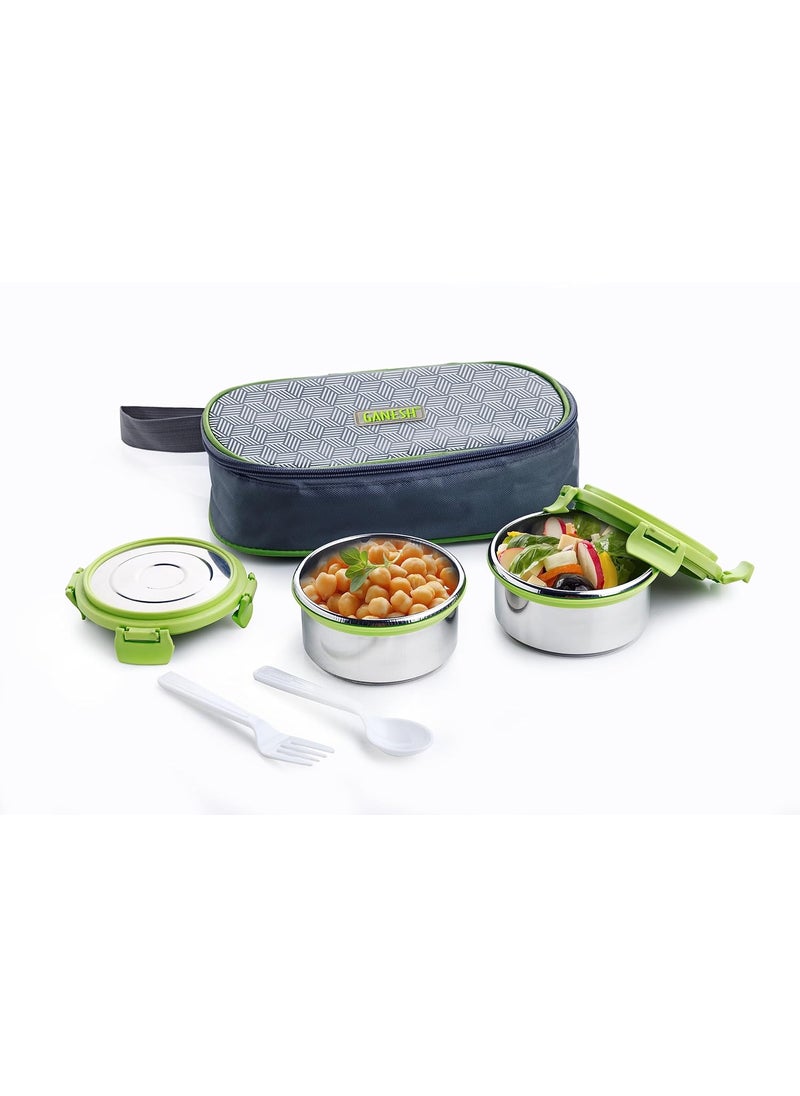 Ganesh Sigma Twin Airtight & Leak Proof Container Lunch Box with Bag 300 ML (Stainless Steel - Multicolor)