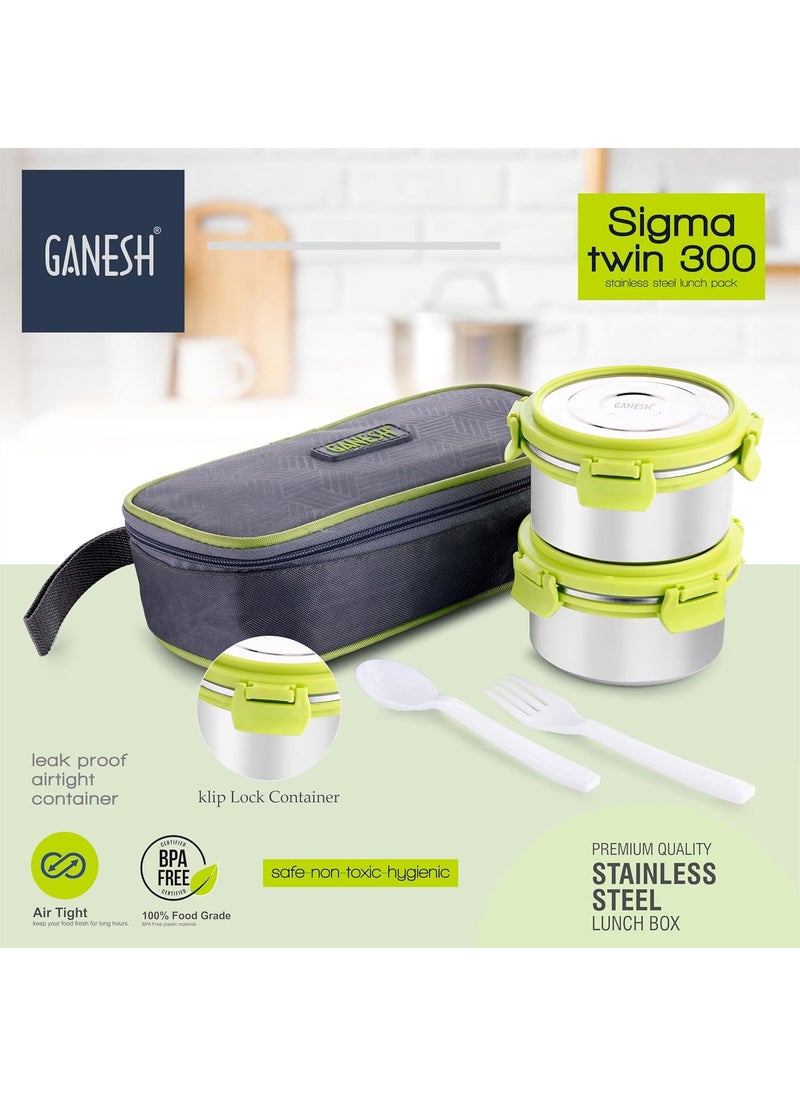 Ganesh Sigma Twin Airtight & Leak Proof Container Lunch Box with Bag 300 ML (Stainless Steel - Multicolor)