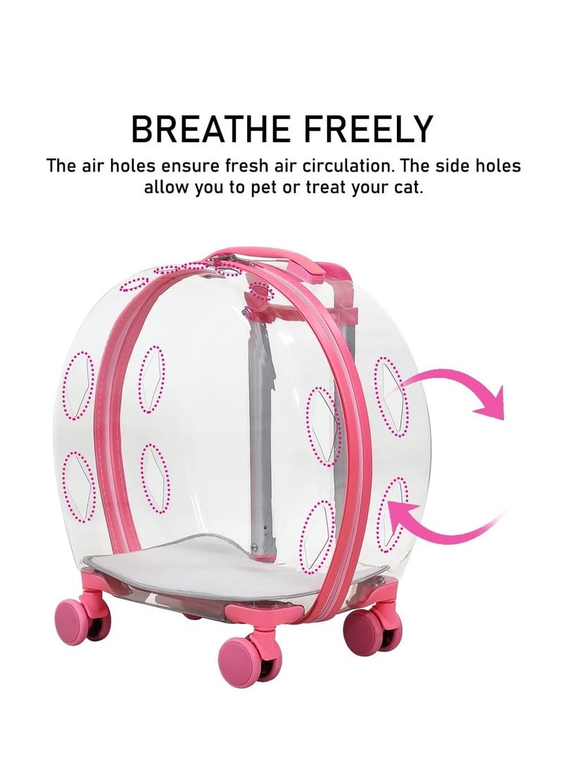 Transparent pet carrier with Telescopic handle, Removable mat, Durable zipper, Ventilation holes, and Rolling wheels, Travel-friendly pet carrier for cats and small dogs, 93 cm (Pink)