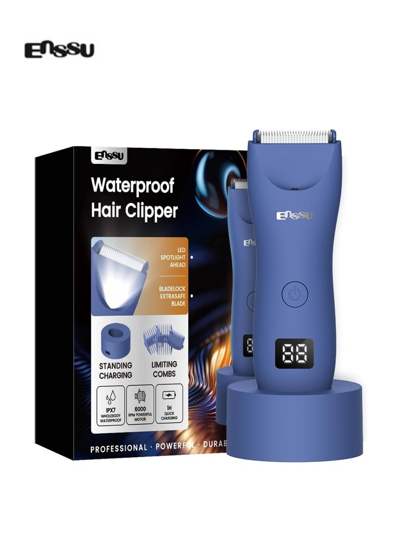 Men's Body Hair Trimmer, Waterproof  Skin-Safe Ceramic Shaving Head, Electric Ball Trimmer For Beard & Chest, LCD Display, Fast Charging, Adjustable Length （Blue）