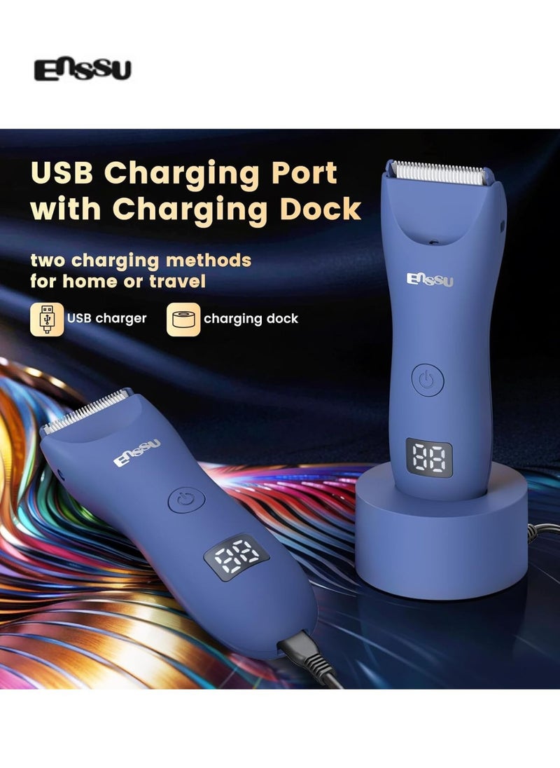 Men's Body Hair Trimmer, Waterproof  Skin-Safe Ceramic Shaving Head, Electric Ball Trimmer For Beard & Chest, LCD Display, Fast Charging, Adjustable Length （Blue）