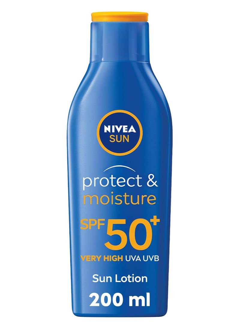 NIVEA SUN Lotion, Protect & Moisture, SPF 50+, Very High and Immediate UVA & UVB Protection, 48H Moisture, Water Resistant, Skin Microbiome Balance, 200ml