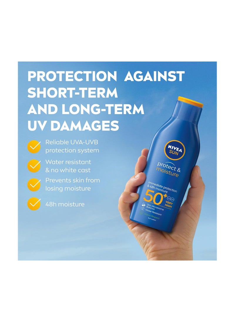 NIVEA SUN Lotion, Protect & Moisture, SPF 50+, Very High and Immediate UVA & UVB Protection, 48H Moisture, Water Resistant, Skin Microbiome Balance, 200ml