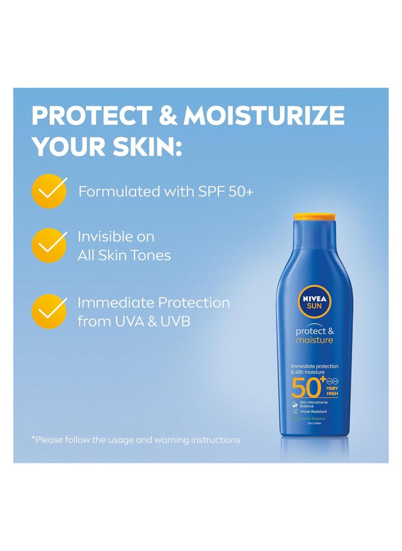 NIVEA SUN Lotion, Protect & Moisture, SPF 50+, Very High and Immediate UVA & UVB Protection, 48H Moisture, Water Resistant, Skin Microbiome Balance, 200ml