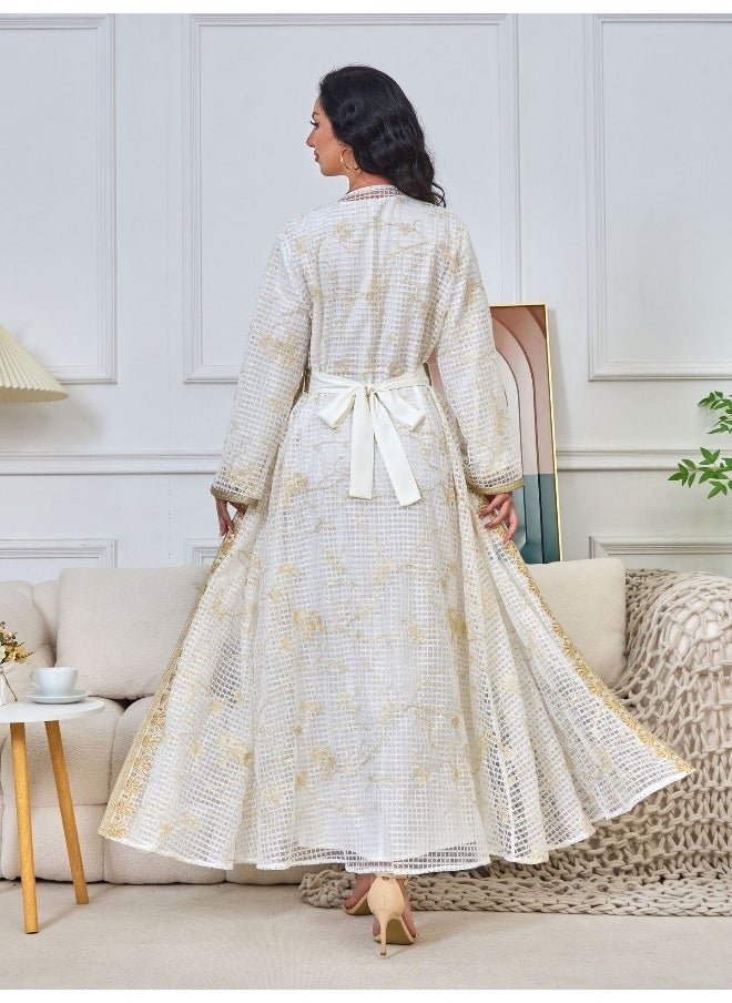 White Long Sleeve V-Neck Muslim Women's Two-Piece Embroidered Beaded Lace Abaya Set