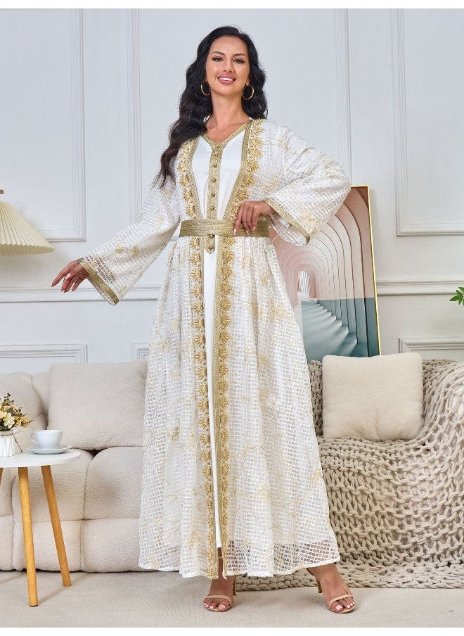 White Long Sleeve V-Neck Muslim Women's Two-Piece Embroidered Beaded Lace Abaya Set