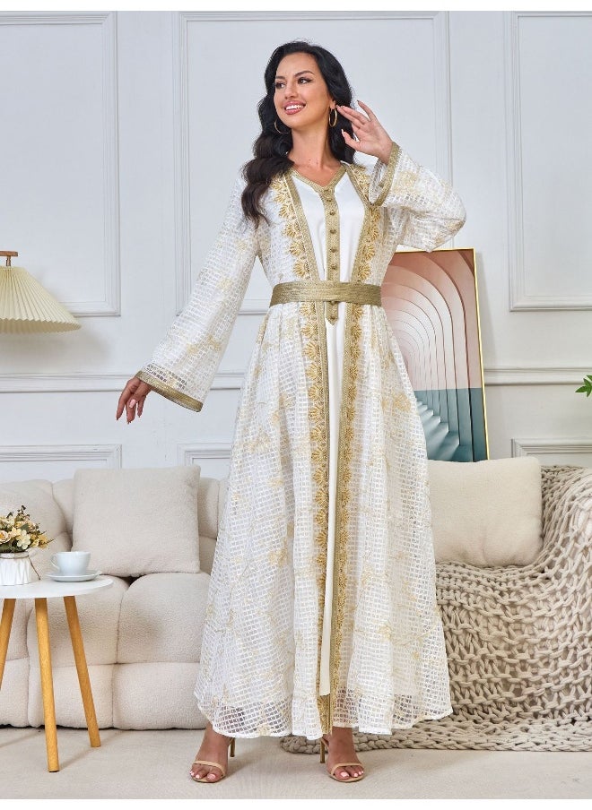 White Long Sleeve V-Neck Muslim Women's Two-Piece Embroidered Beaded Lace Abaya Set