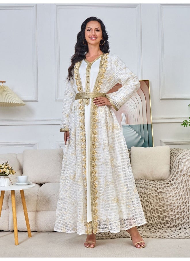 White Long Sleeve V-Neck Muslim Women's Two-Piece Embroidered Beaded Lace Abaya Set