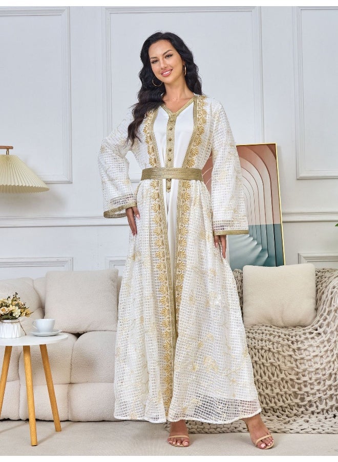 White Long Sleeve V-Neck Muslim Women's Two-Piece Embroidered Beaded Lace Abaya Set