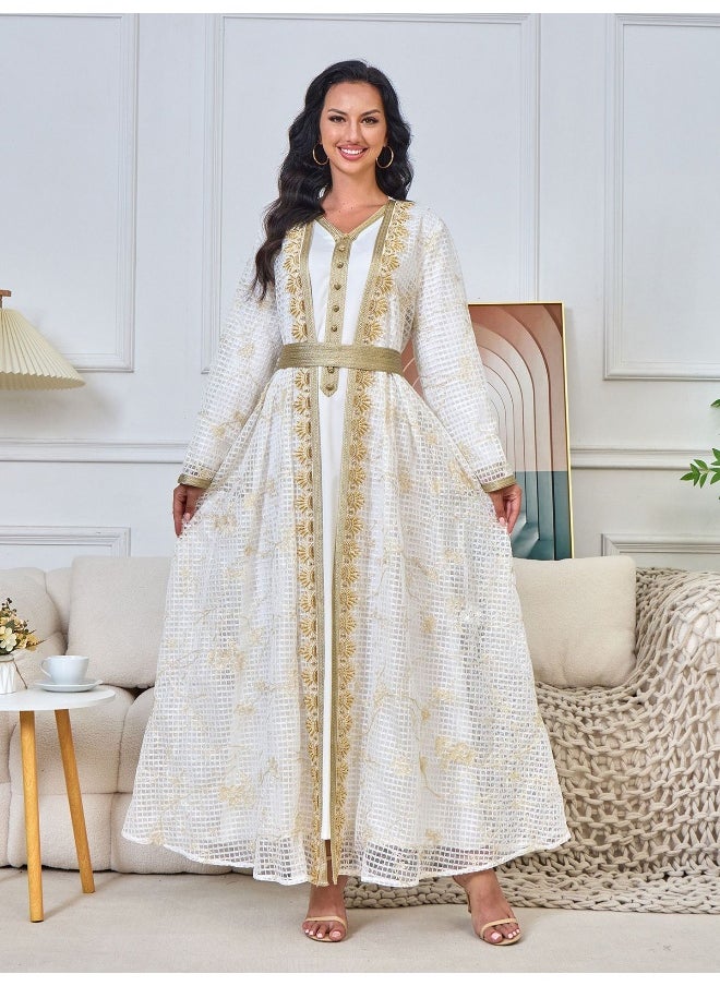 White Long Sleeve V-Neck Muslim Women's Two-Piece Embroidered Beaded Lace Abaya Set